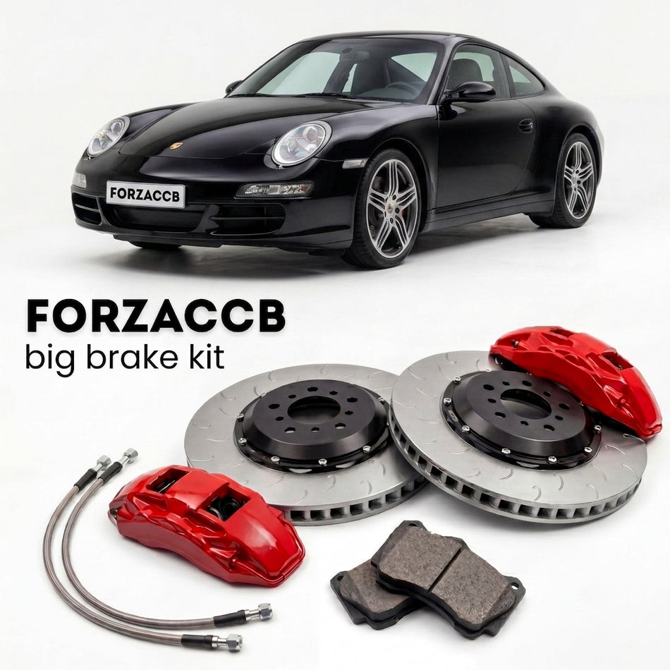 Black Porsche 911 Carrera S (2005-2008) shown above a ForzaCCB iron rotor big brake kit with 2x red 6-piston front calipers, 2x two-piece floating ventilated brake discs 380 mm, set of brake pads, and brake lines.