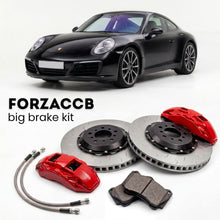 Black Porsche 911 Carrera S (2017-2019) shown above a ForzaCCB iron rotor big brake kit with 2x red 6-piston front calipers, 2x two-piece floating ventilated brake discs 380 mm, set of brake pads, and brake lines.