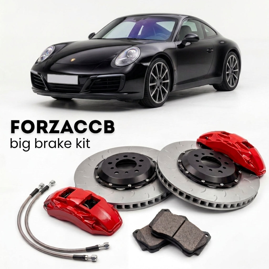 Black Porsche 911 Carrera S (2017-2019) shown above a ForzaCCB iron rotor big brake kit with 2x red 6-piston front calipers, 2x two-piece floating ventilated brake discs 380 mm, set of brake pads, and brake lines.