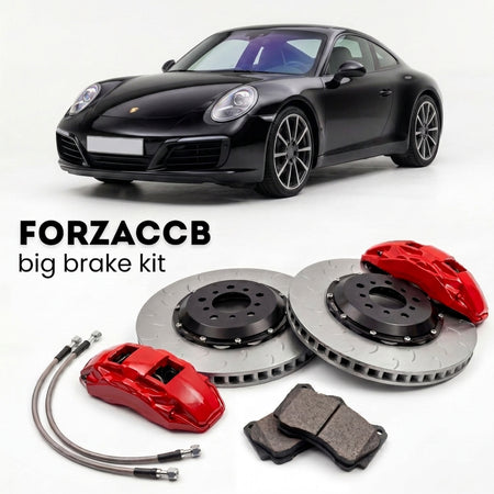 Black Porsche 911 Carrera S (2017-2019) shown above a ForzaCCB iron rotor big brake kit with 2x red 6-piston front calipers, 2x two-piece floating ventilated brake discs 380 mm, set of brake pads, and brake lines.