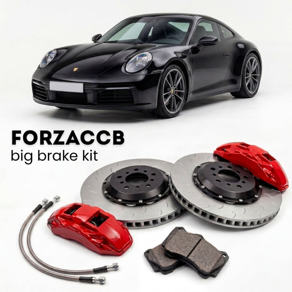 Black Porsche 911 Carrera S (2020+) shown above a ForzaCCB iron rotor big brake kit with 2x red 6-piston front calipers, 2x two-piece floating ventilated brake discs 380 mm, set of brake pads, and brake lines.