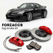 Black Porsche 911 GT2 996 (2001-2005) shown above a ForzaCCB iron rotor big brake kit with 2x red 6-piston front calipers, 2x two-piece floating ventilated brake discs 380 mm, set of brake pads, and brake lines.