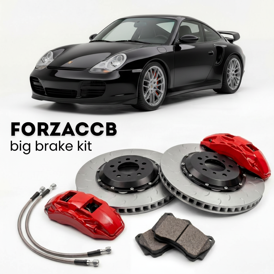 Black Porsche 911 GT2 996 (2001-2005) shown above a ForzaCCB iron rotor big brake kit with 2x red 6-piston front calipers, 2x two-piece floating ventilated brake discs 380 mm, set of brake pads, and brake lines.