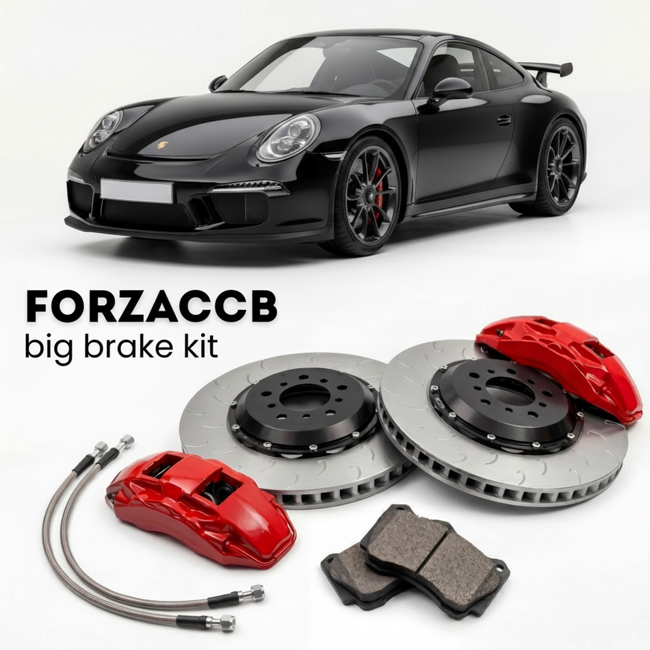 Black Porsche 911 GT3 991 (2014-2019) shown above a ForzaCCB iron rotor big brake kit with 2x red 6-piston front calipers, 2x two-piece floating ventilated brake discs 380 mm, set of brake pads, and brake lines.