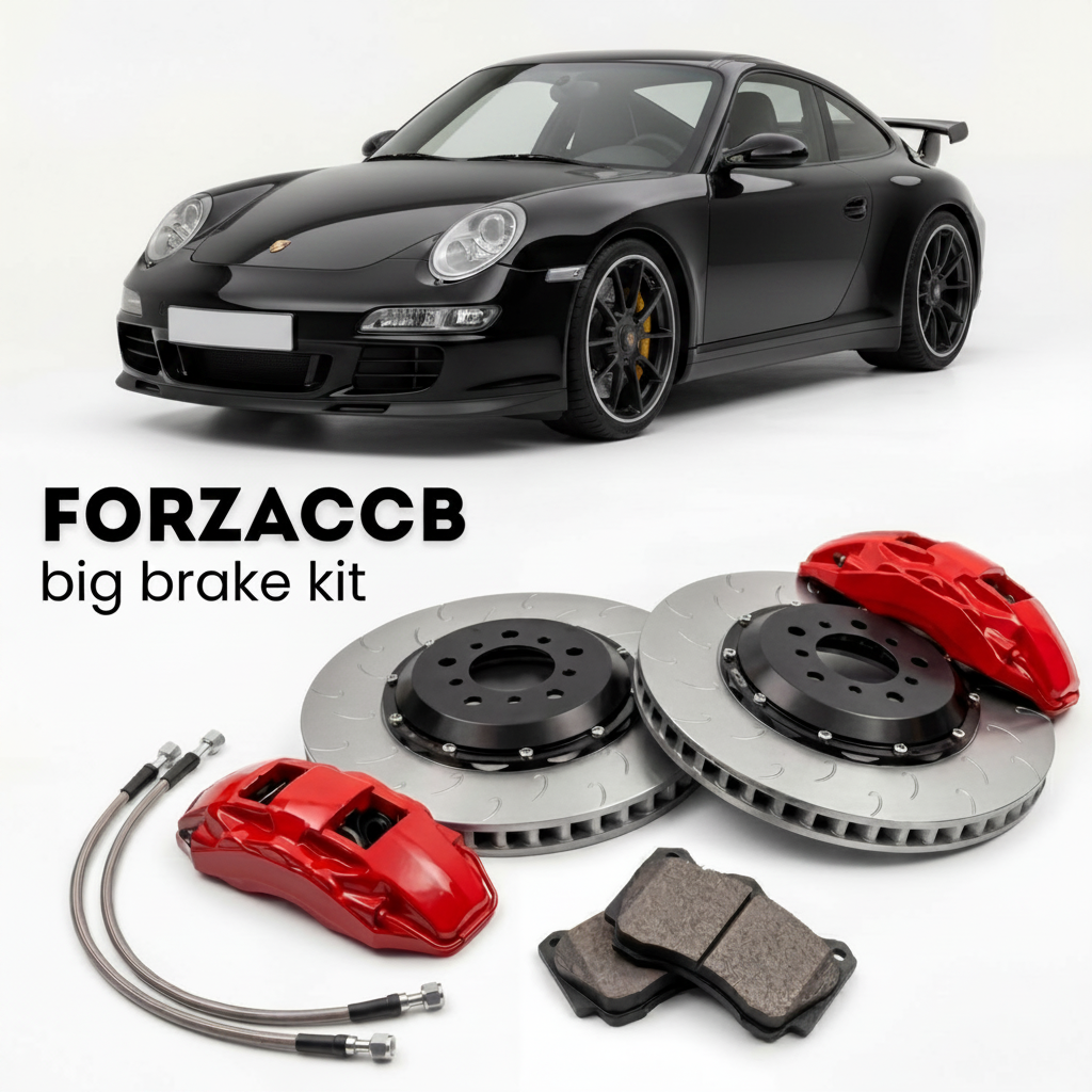 Black Porsche 911 GT3 997.1 (2006-2009) shown above a ForzaCCB iron rotor big brake kit with 2x red 6-piston front calipers, 2x two-piece floating ventilated brake discs 380 mm, set of brake pads, and brake lines.