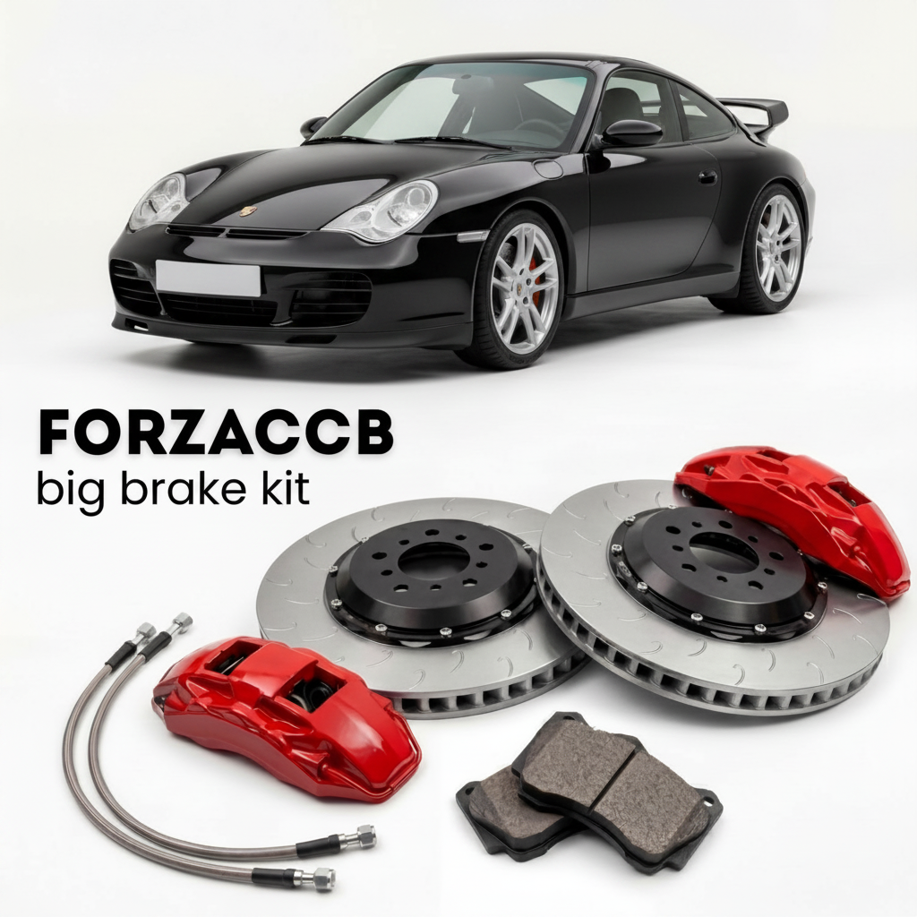 Black Porsche 911 GT3 Mk1 996 (1999-2001) shown above a ForzaCCB iron rotor big brake kit with 2x red 6-piston front calipers, 2x two-piece floating ventilated brake discs 380 mm, set of brake pads, and brake lines.