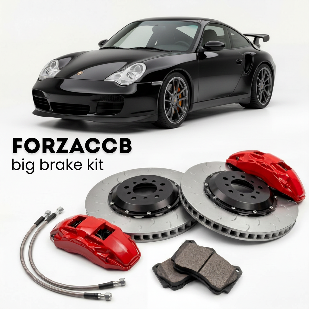 Black Porsche 911 GT3 Mk2 996 (2003-2005) shown above a ForzaCCB iron rotor big brake kit with 2x red 6-piston front calipers, 2x two-piece floating ventilated brake discs 380 mm, set of brake pads, and brake lines.