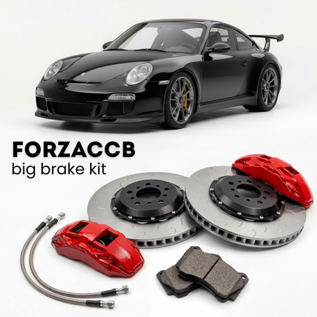 Black Porsche 911 GT3 RS 4.0 997.2 (2011) shown above a ForzaCCB iron rotor big brake kit with 2x red 6-piston front calipers, 2x two-piece floating ventilated brake discs 380 mm, set of brake pads, and brake lines.