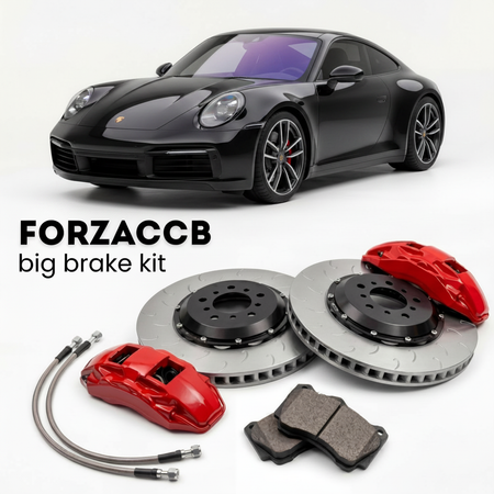 Black Porsche 911 T 992 (2020+) shown above a ForzaCCB iron rotor big brake kit with 2x red 6-piston front calipers, 2x two-piece floating ventilated brake discs 380 mm, set of brake pads, and brake lines.