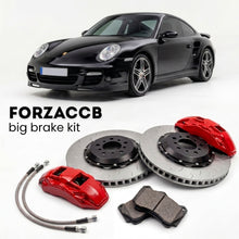 Black Porsche 911 Turbo (2006-2009) shown above a ForzaCCB iron rotor big brake kit with 2x red 6-piston front calipers, 2x two-piece floating ventilated brake discs 380 mm, set of brake pads, and brake lines.
