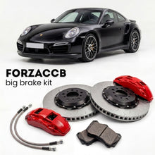 Black Porsche 911 Turbo (2014-2019) shown above a ForzaCCB iron rotor big brake kit with 2x red 6-piston front calipers, 2x two-piece floating ventilated brake discs 380 mm, set of brake pads, and brake lines.
