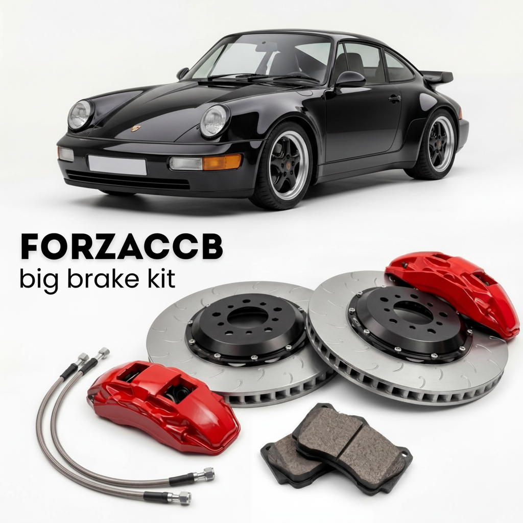 Black Porsche 911 Turbo 3.3 964 (1991-1992) shown above a ForzaCCB iron rotor big brake kit with 2x red 6-piston front calipers, 2x two-piece floating ventilated brake discs 380 mm, set of brake pads, and brake lines.