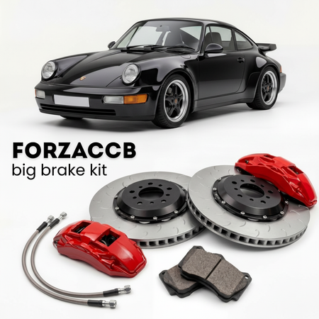 Black Porsche 911 Turbo 3.3 964 (1991-1992) shown above a ForzaCCB iron rotor big brake kit with 2x red 6-piston front calipers, 2x two-piece floating ventilated brake discs 380 mm, set of brake pads, and brake lines.