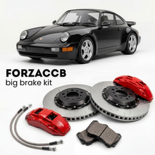 Black Porsche 911 Turbo 3.6 964 (1993-1994) shown above a ForzaCCB iron rotor big brake kit with 2x red 6-piston front calipers, 2x two-piece floating ventilated brake discs 380 mm, set of brake pads, and brake lines.