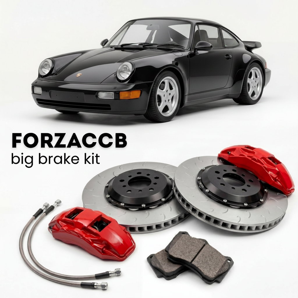 Black Porsche 911 Turbo 3.6 964 (1993-1994) shown above a ForzaCCB iron rotor big brake kit with 2x red 6-piston front calipers, 2x two-piece floating ventilated brake discs 380 mm, set of brake pads, and brake lines.