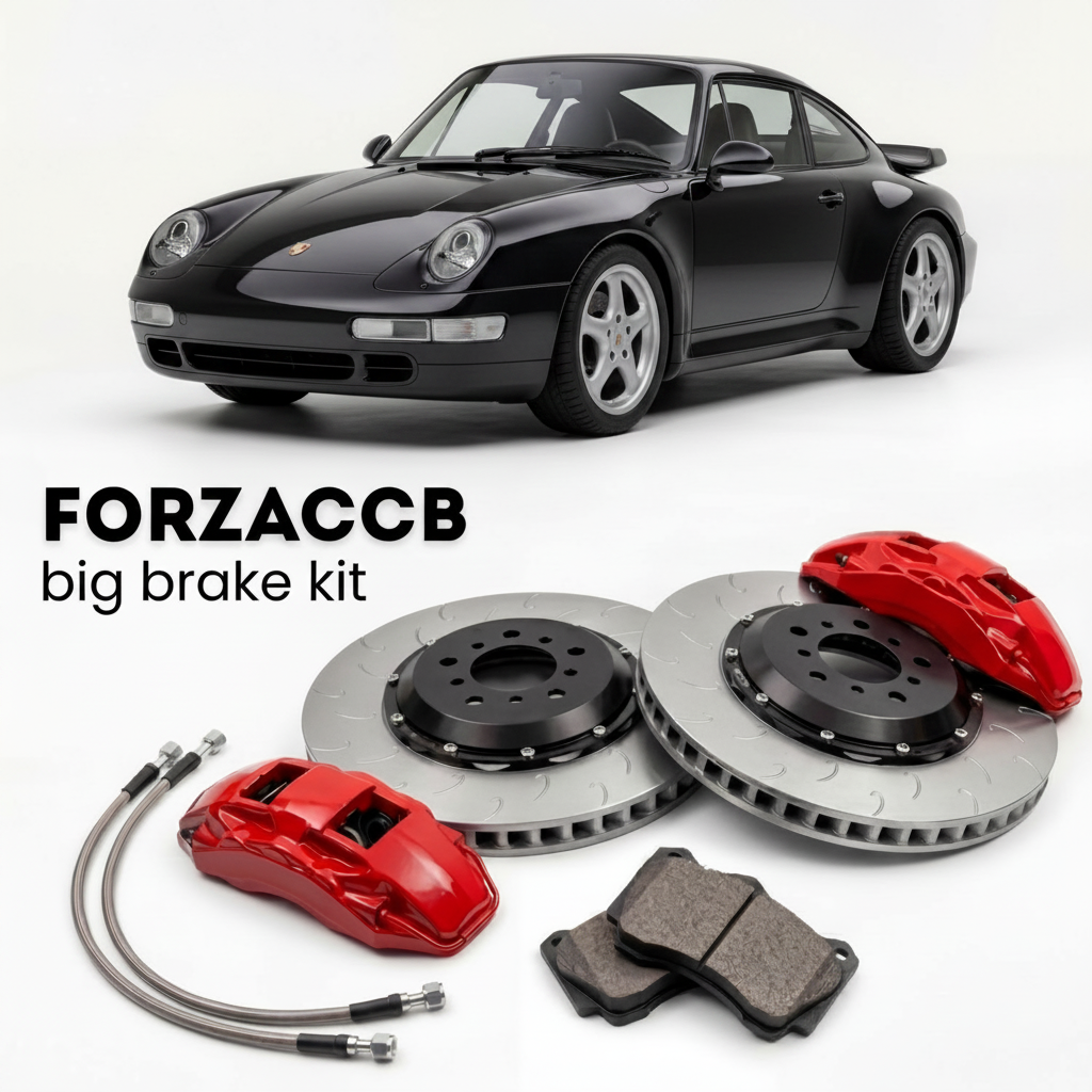 Black Porsche 911 Turbo 993 (1995-1998) shown above a ForzaCCB iron rotor big brake kit with 2x red 6-piston front calipers, 2x two-piece floating ventilated brake discs 380 mm, set of brake pads, and brake lines.