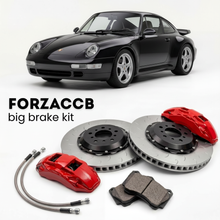 Black Porsche 911 Turbo 993 (1995-1998) shown above a ForzaCCB iron rotor big brake kit with 2x red 6-piston front calipers, 2x two-piece floating ventilated brake discs 380 mm, set of brake pads, and brake lines.