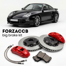Black Porsche 911 Turbo 996 (2001-2005) shown above a ForzaCCB iron rotor big brake kit with 2x red 6-piston front calipers, 2x two-piece floating ventilated brake discs 380 mm, set of brake pads, and brake lines.