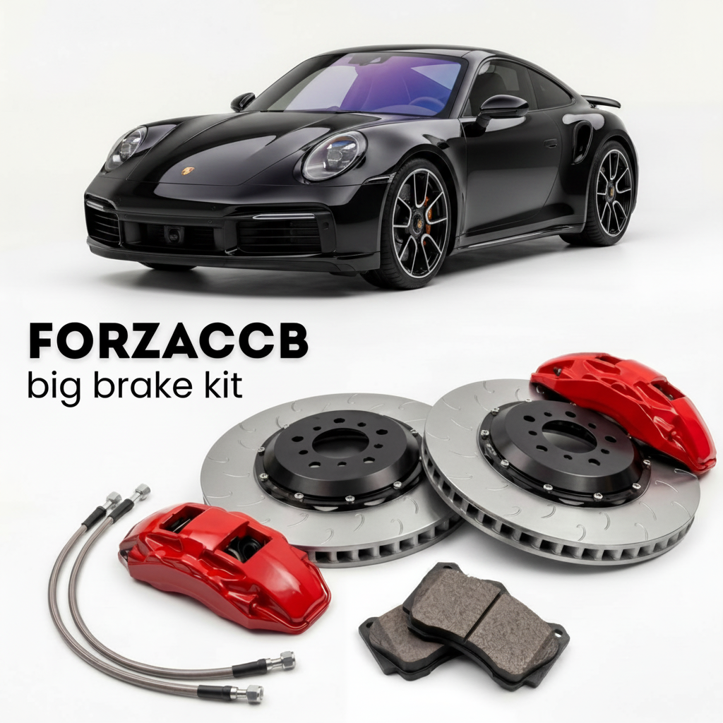 Black Porsche 911 Turbo S 992 (2021+) shown above a ForzaCCB iron rotor big brake kit with 2x red 6-piston front calipers, 2x two-piece floating ventilated brake discs 380 mm, set of brake pads, and brake lines.