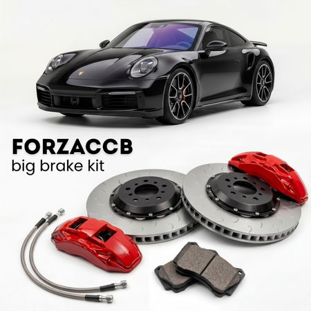 Black Porsche 911 Turbo S 992 (2021+) shown above a ForzaCCB iron rotor big brake kit with 2x red 6-piston front calipers, 2x two-piece floating ventilated brake discs 380 mm, set of brake pads, and brake lines.