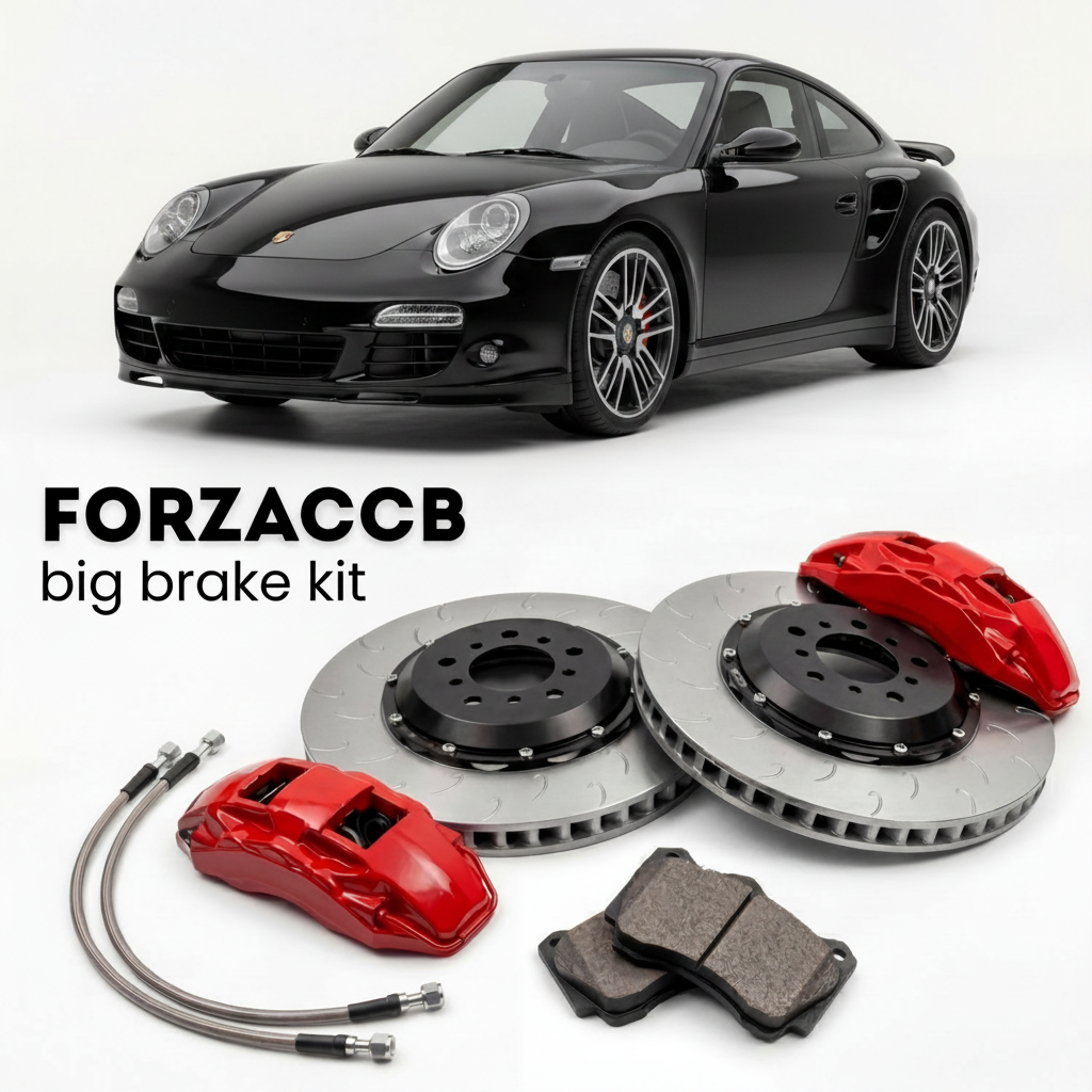 Black Porsche 911 Turbo S 997.2 (2010-2013) shown above a ForzaCCB iron rotor big brake kit with 2x red 6-piston front calipers, 2x two-piece floating ventilated brake discs 380 mm, set of brake pads, and brake lines.