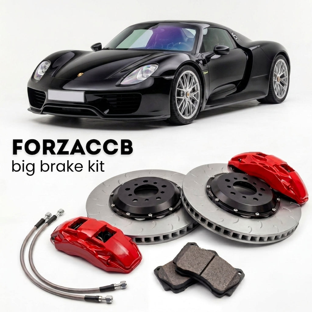Black Porsche 918 Spyder (2013-2015) shown above a ForzaCCB iron rotor big brake kit with 2x red 6-piston front calipers, 2x two-piece floating ventilated brake discs 380 mm, set of brake pads, and brake lines.