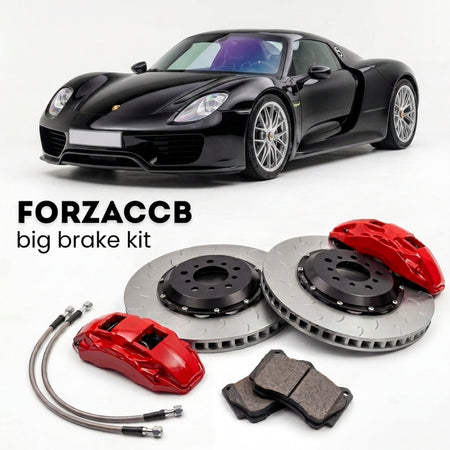 Black Porsche 918 Spyder (2013-2015) shown above a ForzaCCB iron rotor big brake kit with 2x red 6-piston front calipers, 2x two-piece floating ventilated brake discs 380 mm, set of brake pads, and brake lines.