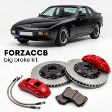 Black Porsche 924 2.0 NA (1980-1985) shown above a ForzaCCB iron rotor big brake kit with 2x red 6-piston front calipers, 2x two-piece floating ventilated brake discs 380 mm, set of brake pads, and brake lines.