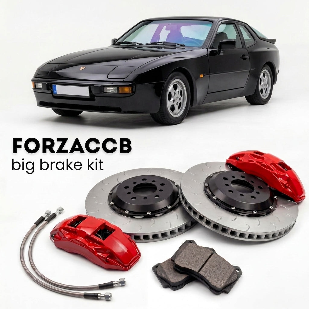 Black Porsche 924 S (1986-1988) shown above a ForzaCCB iron rotor big brake kit with 2x red 6-piston front calipers, 2x two-piece floating ventilated brake discs 380 mm, set of brake pads, and brake lines.