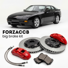 Black Porsche 924 Turbo 931 (1980-1982) shown above a ForzaCCB iron rotor big brake kit with 2x red 6-piston front calipers, 2x two-piece floating ventilated brake discs 380 mm, set of brake pads, and brake lines.