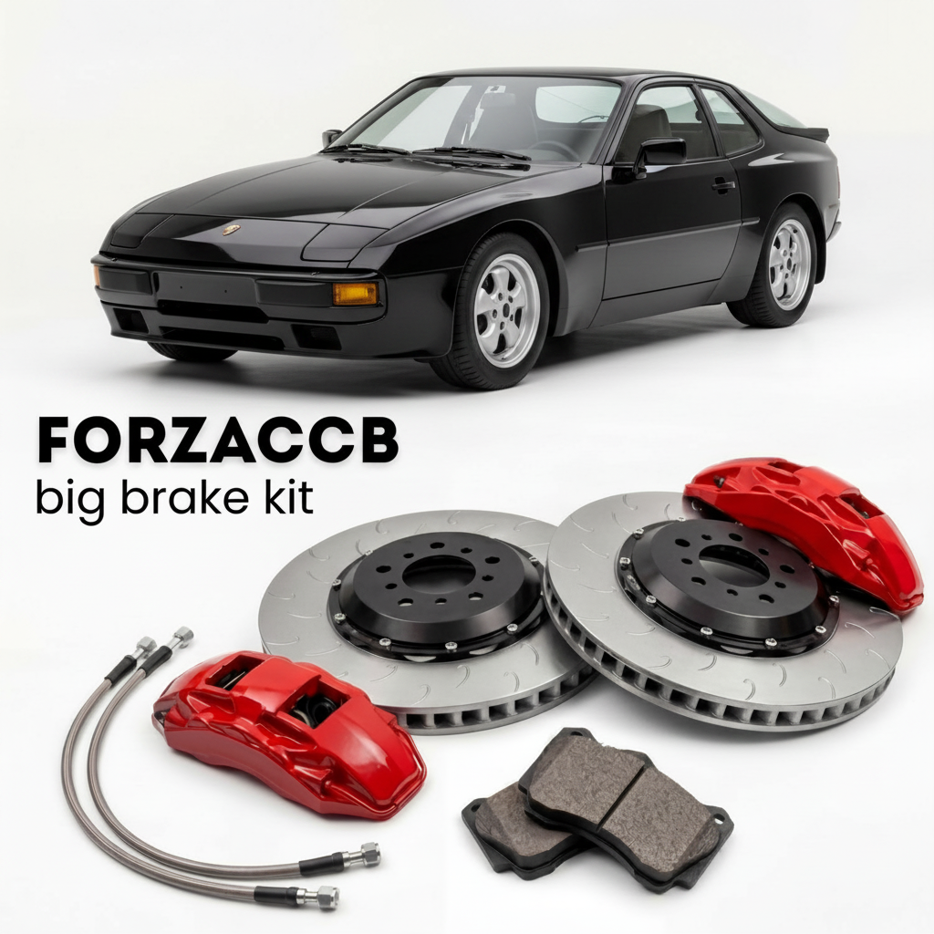 Black Porsche 924 Turbo 931 (1980-1982) shown above a ForzaCCB iron rotor big brake kit with 2x red 6-piston front calipers, 2x two-piece floating ventilated brake discs 380 mm, set of brake pads, and brake lines.