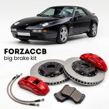 Black Porsche 928 GTS (1992-1995) shown above a ForzaCCB iron rotor big brake kit with 2x red 6-piston front calipers, 2x two-piece floating ventilated brake discs 380 mm, set of brake pads, and brake lines.