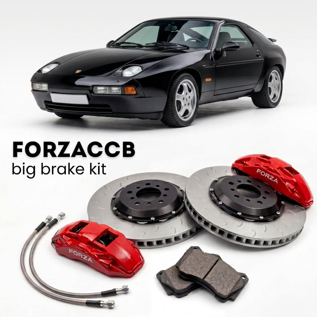 Black Porsche 928 GTS (1992-1995) shown above a ForzaCCB iron rotor big brake kit with 2x red 6-piston front calipers, 2x two-piece floating ventilated brake discs 380 mm, set of brake pads, and brake lines.