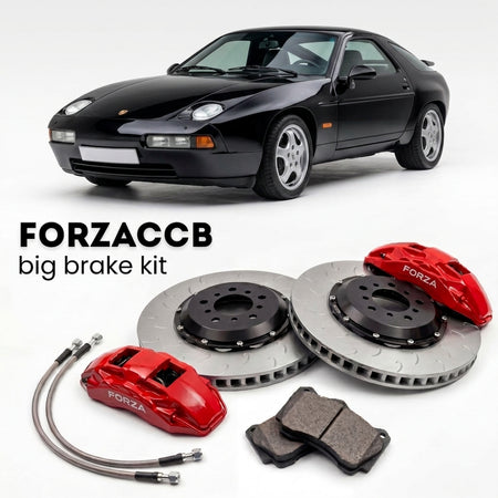 Black Porsche 928 GTS (1992-1995) shown above a ForzaCCB iron rotor big brake kit with 2x red 6-piston front calipers, 2x two-piece floating ventilated brake discs 380 mm, set of brake pads, and brake lines.
