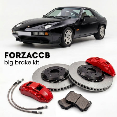 Black Porsche 928 S2 (1983-1986) shown above a ForzaCCB iron rotor big brake kit with 2x red 6-piston front calipers, 2x two-piece floating ventilated brake discs 380 mm, set of brake pads, and brake lines.