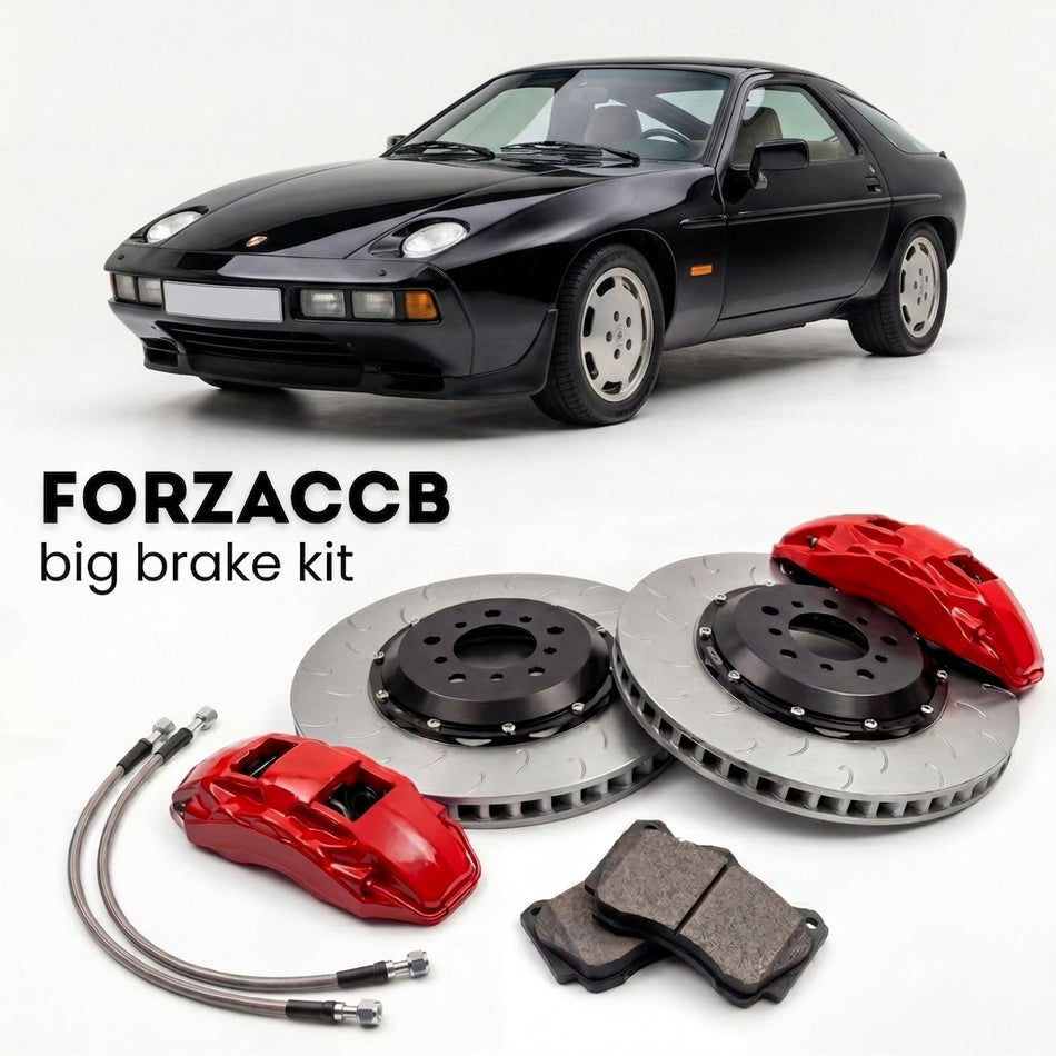 Black Porsche 928 S2 (1983-1986) shown above a ForzaCCB iron rotor big brake kit with 2x red 6-piston front calipers, 2x two-piece floating ventilated brake discs 380 mm, set of brake pads, and brake lines.