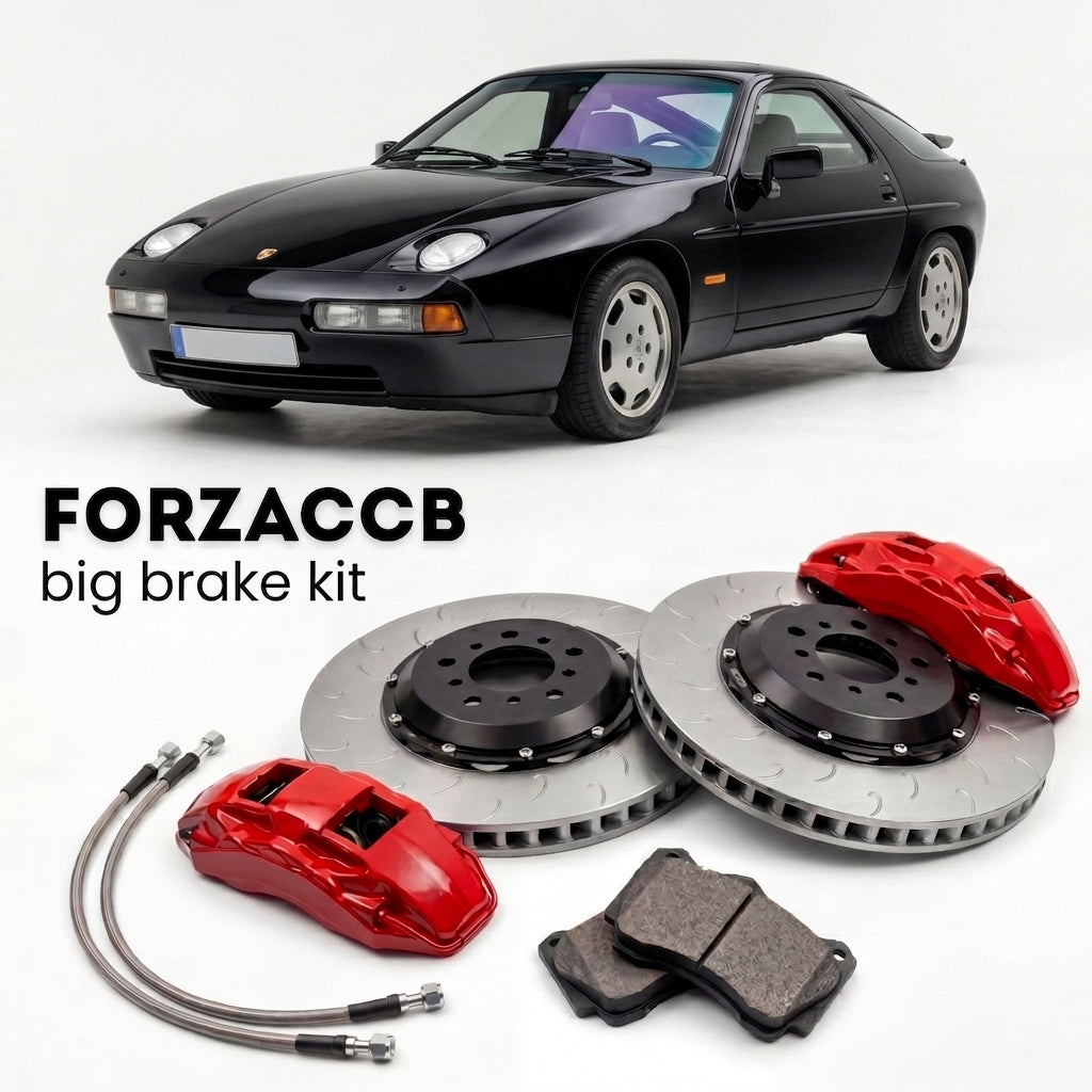 Black Porsche 928 S4 (1987-1991) shown above a ForzaCCB iron rotor big brake kit with 2x red 6-piston front calipers, 2x two-piece floating ventilated brake discs 380 mm, set of brake pads, and brake lines.