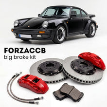 Black Porsche 930 Turbo 3.3 (1980-1989) shown above a ForzaCCB iron rotor big brake kit with 2x red 6-piston front calipers, 2x two-piece floating ventilated brake discs 380 mm, set of brake pads, and brake lines.
