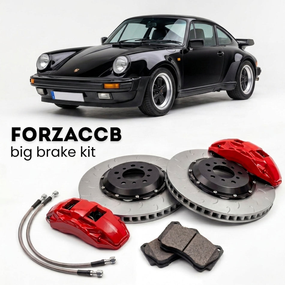 Black Porsche 930 Turbo 3.3 (1980-1989) shown above a ForzaCCB iron rotor big brake kit with 2x red 6-piston front calipers, 2x two-piece floating ventilated brake discs 380 mm, set of brake pads, and brake lines.