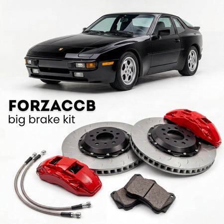 Black Porsche 944 S (1987-1988) shown above a ForzaCCB iron rotor big brake kit with 2x red 6-piston front calipers, 2x two-piece floating ventilated brake discs 380 mm, set of brake pads, and brake lines.