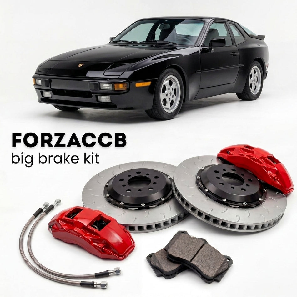 Black Porsche 944 S (1987-1988) shown above a ForzaCCB iron rotor big brake kit with 2x red 6-piston front calipers, 2x two-piece floating ventilated brake discs 380 mm, set of brake pads, and brake lines.