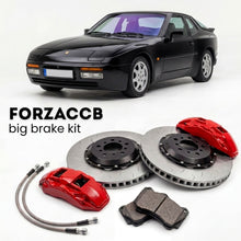 Black Porsche 944 S2 M030 (1989-1991) shown above a ForzaCCB iron rotor big brake kit with 2x red 6-piston front calipers, 2x two-piece floating ventilated brake discs 380 mm, set of brake pads, and brake lines.