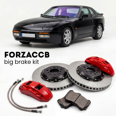 Black Porsche 944 S2 M030 (1989-1991) shown above a ForzaCCB iron rotor big brake kit with 2x red 6-piston front calipers, 2x two-piece floating ventilated brake discs 380 mm, set of brake pads, and brake lines.