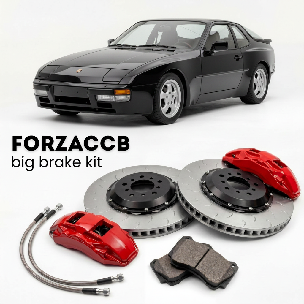 Black Porsche 944 Turbo 951 (1986) shown above a ForzaCCB iron rotor big brake kit with 2x red 6-piston front calipers, 2x two-piece floating ventilated brake discs 380 mm, set of brake pads, and brake lines.