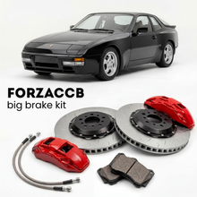 Black Porsche 944 Turbo 951 (1986) shown above a ForzaCCB iron rotor big brake kit with 2x red 6-piston front calipers, 2x two-piece floating ventilated brake discs 380 mm, set of brake pads, and brake lines.