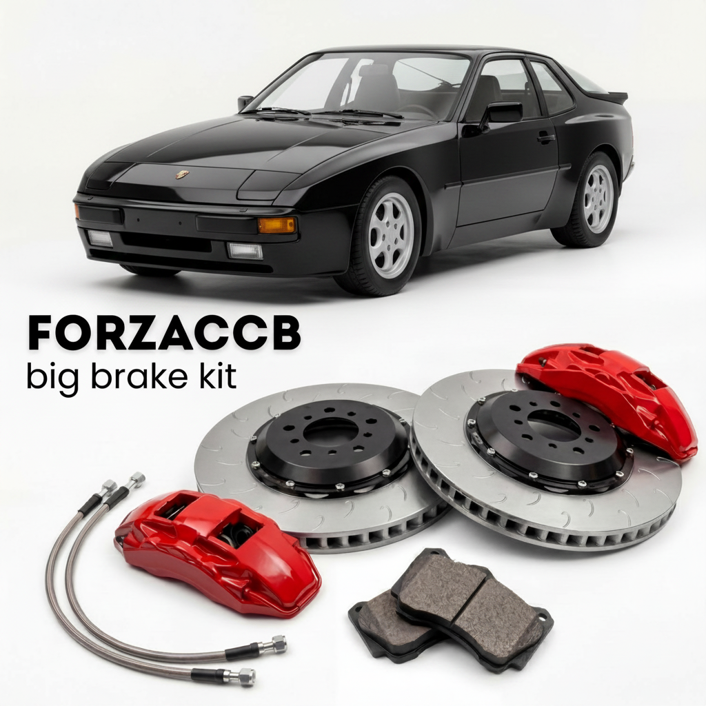 Black Porsche 944 Turbo 951 (1987-1988) shown above a ForzaCCB iron rotor big brake kit with 2x red 6-piston front calipers, 2x two-piece floating ventilated brake discs 380 mm, set of brake pads, and brake lines.