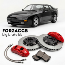 Black Porsche 944 Turbo 951 (1987-1988) shown above a ForzaCCB iron rotor big brake kit with 2x red 6-piston front calipers, 2x two-piece floating ventilated brake discs 380 mm, set of brake pads, and brake lines.