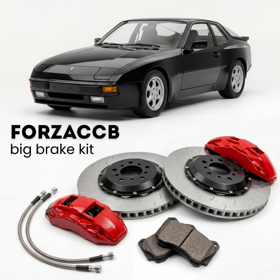 Black Porsche 944 Turbo 951 (1987-1988) shown above a ForzaCCB iron rotor big brake kit with 2x red 6-piston front calipers, 2x two-piece floating ventilated brake discs 380 mm, set of brake pads, and brake lines.