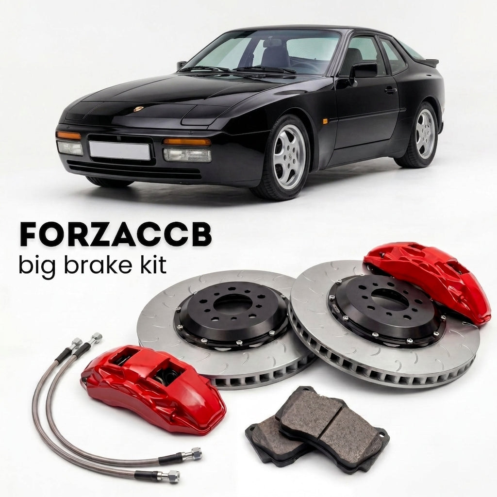 Black Porsche 944 Turbo S (1988-1989) shown above a ForzaCCB iron rotor big brake kit with 2x red 6-piston front calipers, 2x two-piece floating ventilated brake discs 380 mm, set of brake pads, and brake lines.