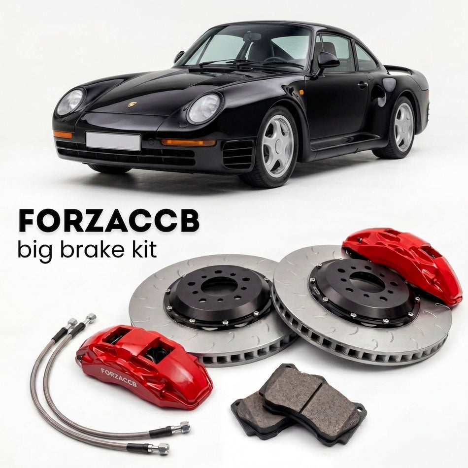 Black Porsche 959 (1986-1988) shown above a ForzaCCB iron rotor big brake kit with 2x red 6-piston front calipers, 2x two-piece floating ventilated brake discs 380 mm, set of brake pads, and brake lines.